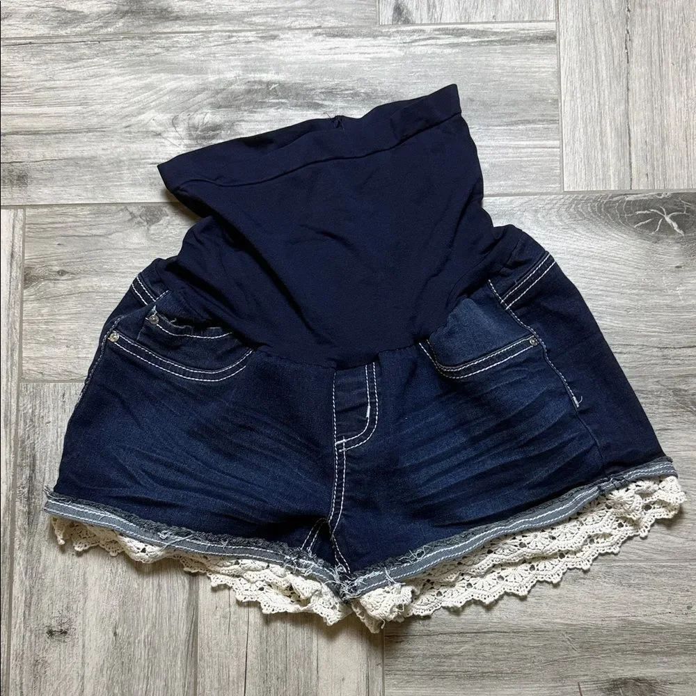 Navy Maternity High-Waist Denim Shorts with Lace Trim Size Medium